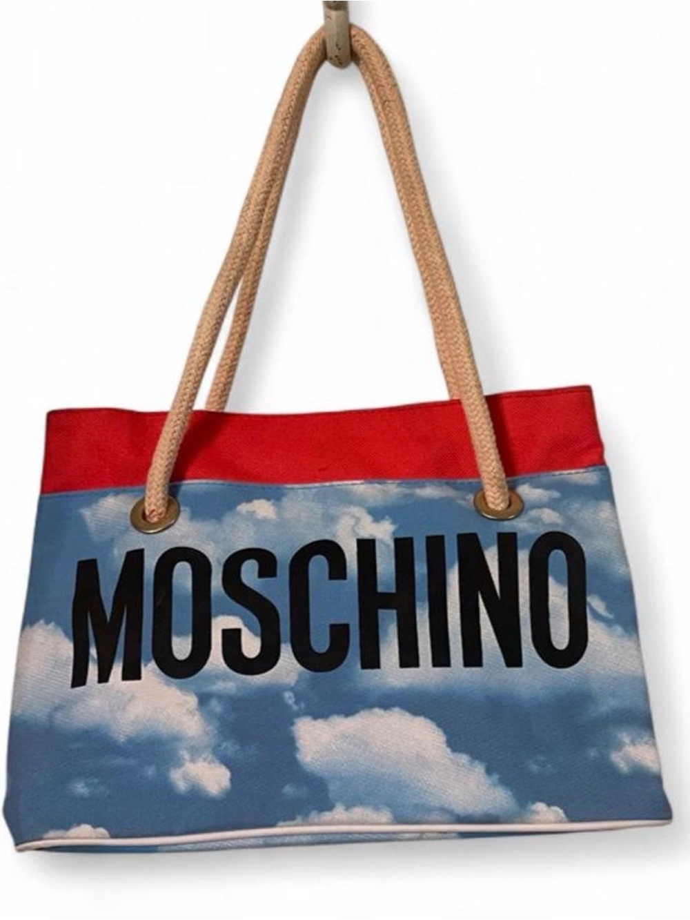 Rare Vintage 90s Moschino Cloud Print Fabric Tote Bag Rope Handles Y2K